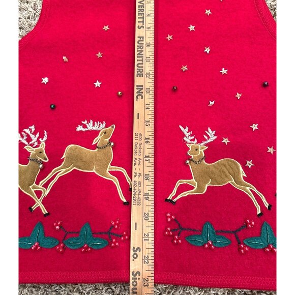 Vtg Lisa International 100% Wool Reindeer Sweater Vest Faux Fur Collar Medium - Picture 9 of 12